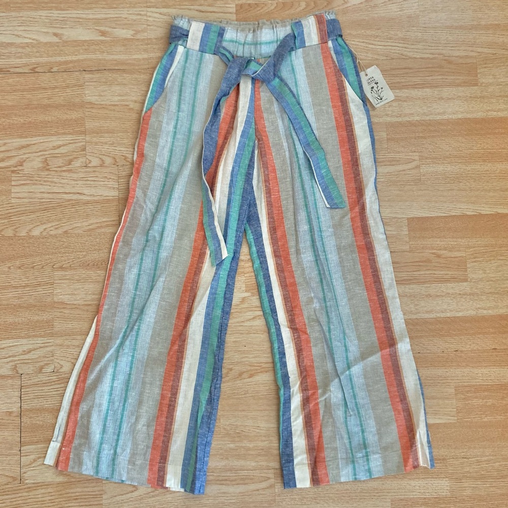 NWT Indigo Rein Multicolored Linen Wide Leg Cropped Pant Belted Paper Bag Medium